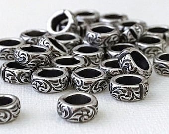 4 mm Antique Silver Floral Links. Textured Jump Rings. Ornate Silver Bead Spacers. Decorative Wire. Plated Vintage Brass. 6.5 mm O.D. 10 Pcs