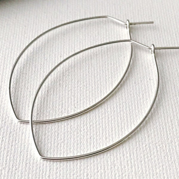 Silver Marquise Teardrop Hoop Earrings, Handmade Drop Dangle Ear wires, 1-3/4" (44mm) Sterling Silver Plated Brass. Navette. 2-12 Pcs