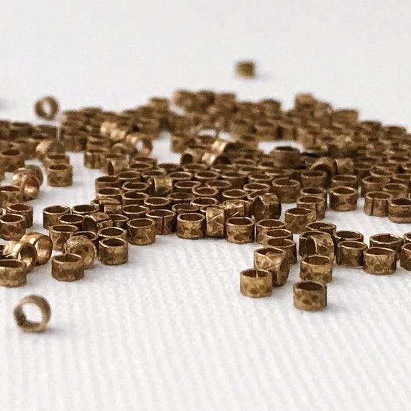 2 mm Brass Spacer Beads. Tiny Textured Crimp Tube. Decorative Pattern Metal End Bead. Raw Brass Jewelry Findings. 1.25 mm ID. 100-300 Pcs