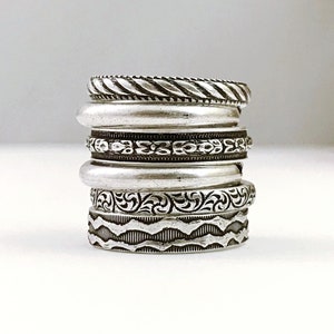 Silver Stacking Rings. 6 Adjustable Stackers. Sterling Silver Ox Finish Ring Stack. Expandable. Plated Vintage Brass. US 5-1/2 to 7-1/2 Max