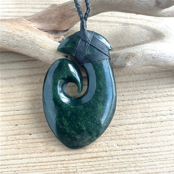 New Zealand Pounamu Greenstone Jade Hei Matau Fish Hook Pendant Necklace 62 mm (POU4264P)