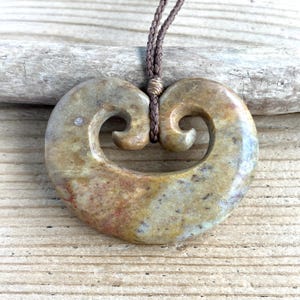 New Zealand Obay Stone Golden Bay Stone Heart & Koru Pendant Necklace 56 mm (O5094P)
