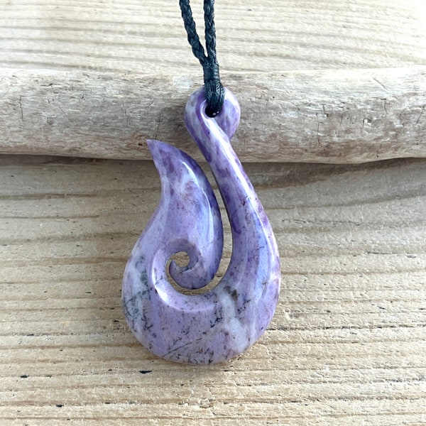 Turkish Lavender Jade Hei Matau Fish Hook Pendant Necklace 55 mm (TUR4265P)