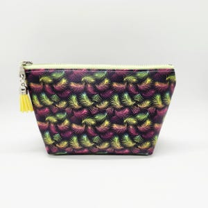 Neon Feathers Leather Stand Up Zip Bag, Faux Leather Makeup Bag, Pleather Travel Bag, Ready to Ship, Vegan Leather Bag, Reusable Gift Bag