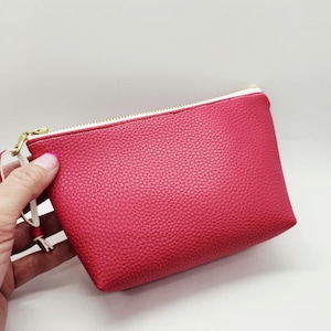 Watermelon Pink Stand Up Zip Bag, Faux Leather Makeup Bag, Pleather Travel Bag, Ready to Ship, Vegan Leather Bag