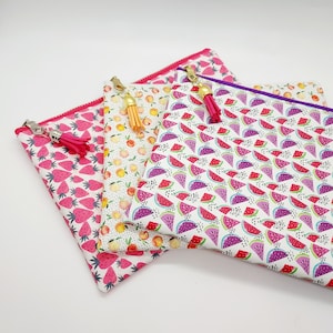 Fruit Prints Faux Leather Zippered Coin Purse, Tween Zippered Coin Purse, Watermelon Print Leather Medium Bag, Peach Print Zip Bag