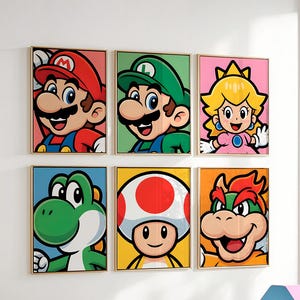Puede incluir: Seis lienzos enmarcados con retratos coloridos de personajes de la serie de videojuegos Super Mario. Los personajes incluyen a Mario, Luigi, la Princesa Peach, Yoshi, Toad y Bowser.