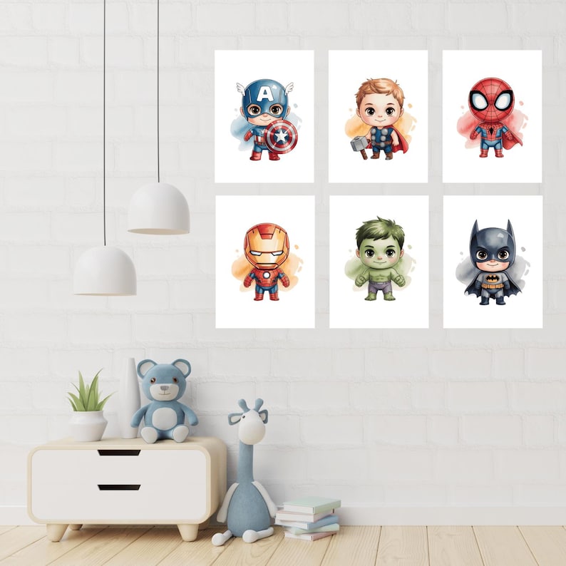 Superhero Wall Art Set of 6 | Watercolor Baby Heroes Prints | Boys Room ...