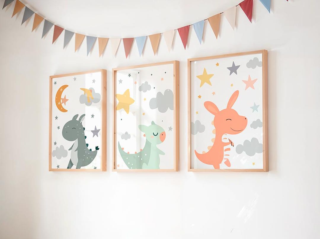 Dinosaur Nursery Prints Set of 3 – Cute Dino Wall Art – Moon and Stars ...