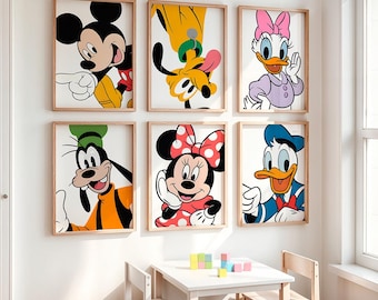 Disney Minimalistisches Poster-Set – Mickey, Minnie, Donald, Daisy, Goofy & Pluto Drucke – Klassische Cartoon-Wandkunst – Digitaler Download fürs Kinderzimmer
