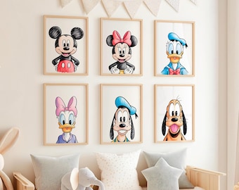 Mickey Friends Poster Mickey Wandkunst Mickey Minnie Kunst 6er Set Kinderzimmer Wanddekoration - Vintage Disney Druckbar