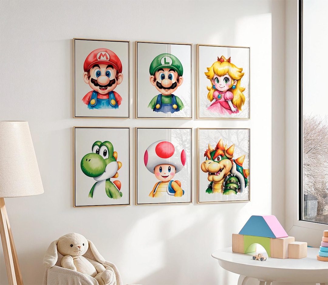 Super Mario Wall Art Set of 6 | Mario, Luigi, Peach, Yoshi, Bowser ...