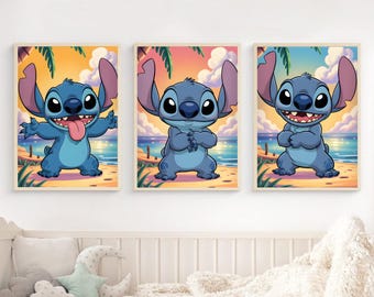 Stitch Poster Set – 3 Drucke Wandkunst – Tropisches Stranddekor – Digitaler Download