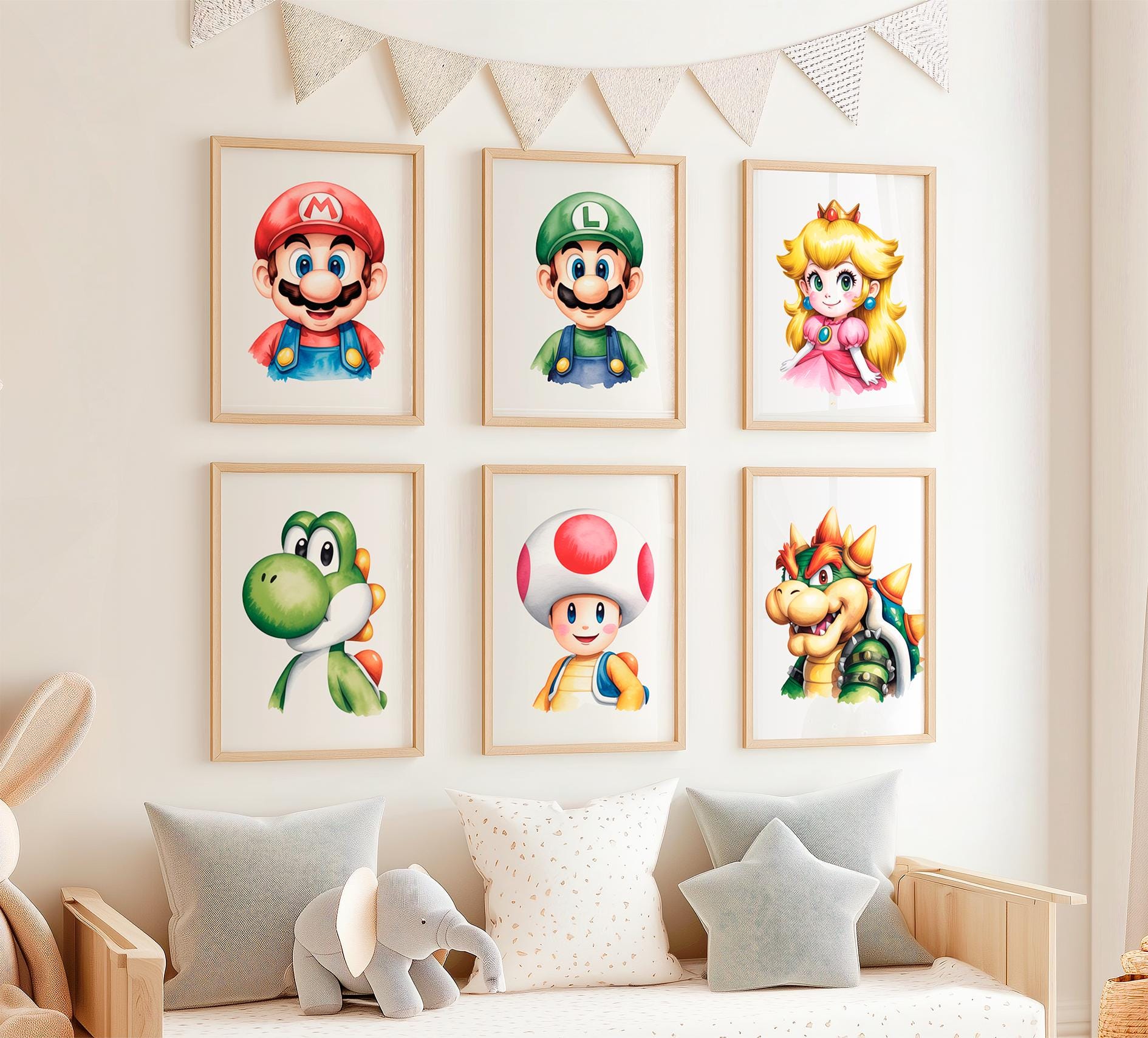 Super Mario Wall Art Set of 6 | Mario, Luigi, Peach, Yoshi, Bowser ...
