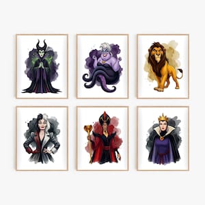 K&ouml;nnte beinhalten: Set aus sechs gerahmten Kunstdrucken mit Cartoon-Illustrationen von Disney-B&ouml;sewichten. Die Charaktere sind Maleficent, Ursula, Scar, Cruella de Vil, Dschafar und die b&ouml;se K&ouml;nigin. Jeder Druck hat einen Hintergrund im Aquarellstil.