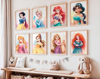 May include: A collection of eight framed art prints featuring Disney princesses. Each print showcases a different princess in vibrant colors, with a light wood frame. The artwork is displayed above a wooden bench with decorative pillows and baskets.