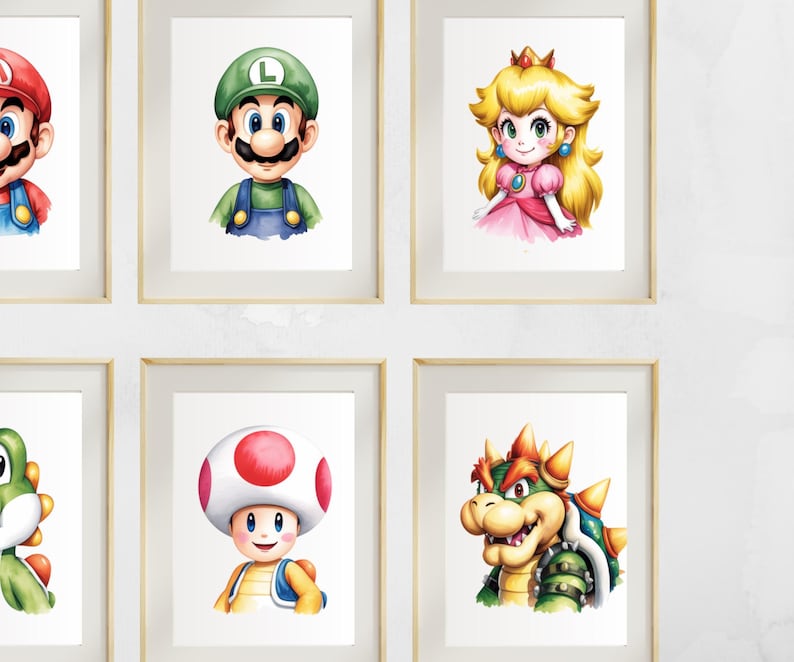 Super Mario Wall Art Set of 6 | Mario, Luigi, Peach, Yoshi, Bowser ...