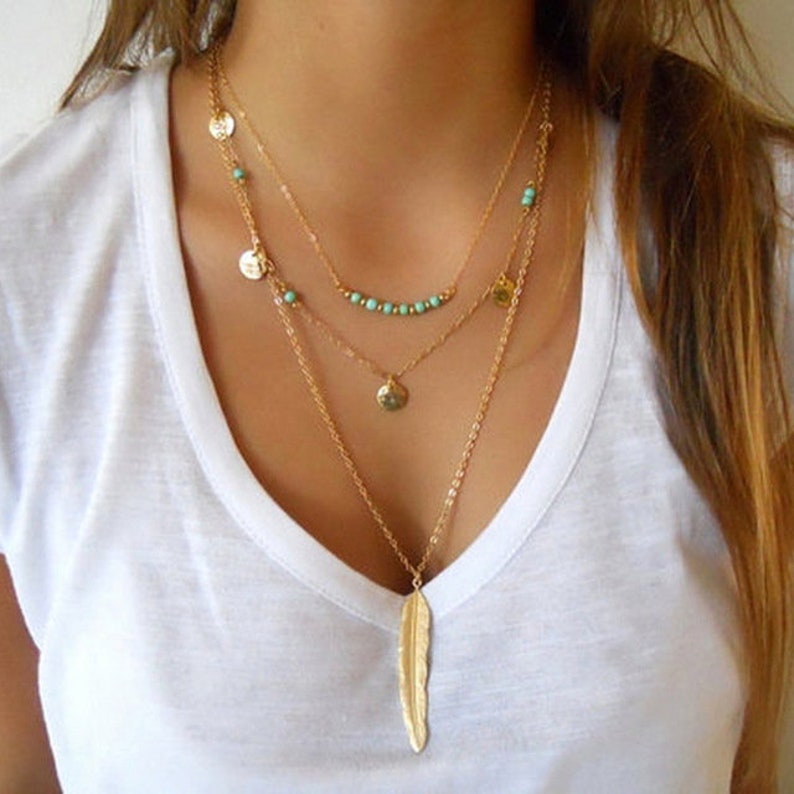 Doris Dai Multilayer Coin Tassels Lariat Bar Necklaces Beads Choker Feather Pendants Necklaces For Women