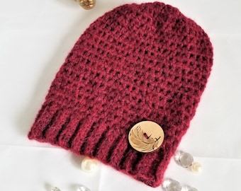 Crochet Slouchy Hat with Aromadiffuser Button Baby Cranberry Red Alpaca Merino Nylon Mix Aromahat