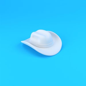 May include: A solid white cowboy hat featuring a classic creased crown and a wide, curved brim. The hat has a smooth, matte finish and is presented against a solid, vibrant blue background, highlighting its distinct shape and structure.