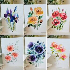 Cartões em branco de flores soltas de aquarela, íris, papoula, ranúnculos, conjunto de papelaria floral em branco, todos os cartões coloridos aquosos, pacote com 6 cartões em branco