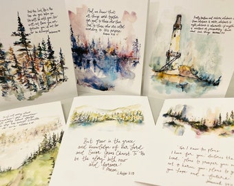 Nature Watercolour Bible Verse Cards, Faith Filled Handlettering Cards, Bundle Watercolour Scripture Cards, Folded Religious Greeting Cards