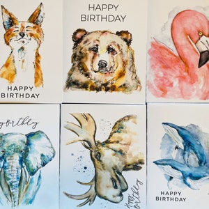 Cartes d'anniversaire animaux aquarelles pour enfants, lot de 6 illustrations d'animaux joyeux anniversaire, ours-baleine flamant rose et orignal