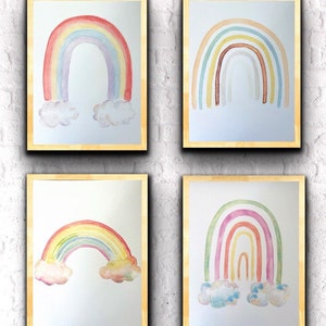 Pastel Rainbow Watercolour Prints, Rainbow Wall Art, Four Rainbow Prints, Colourful Rainbow Pastel Design