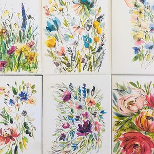 Bright Cheerful Flower Cards, Bundle of 6 Watercolour Floral Art Greeting Cards, Blank Flower Illustrated Cards, Floral Stationary