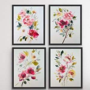 Set Of Four Watercolour Rose Prints, Loose Watercolour Pink Yellow White Rose Wall Art Prints, Four Watercolour Elegant Rose Prints