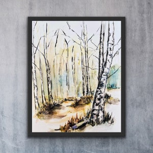 Watercolour White Tall Birch Trees Print, Abstract Birch Tree Watercolour Scenery Wall Art, Nature Lover Forest Art