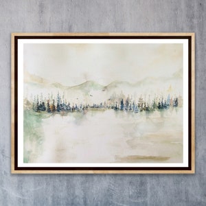 Landscape Watercolour Mountain And Forest Scenery Artwork, Muted Coloured Watercolour Scenery Lake and Forest Print