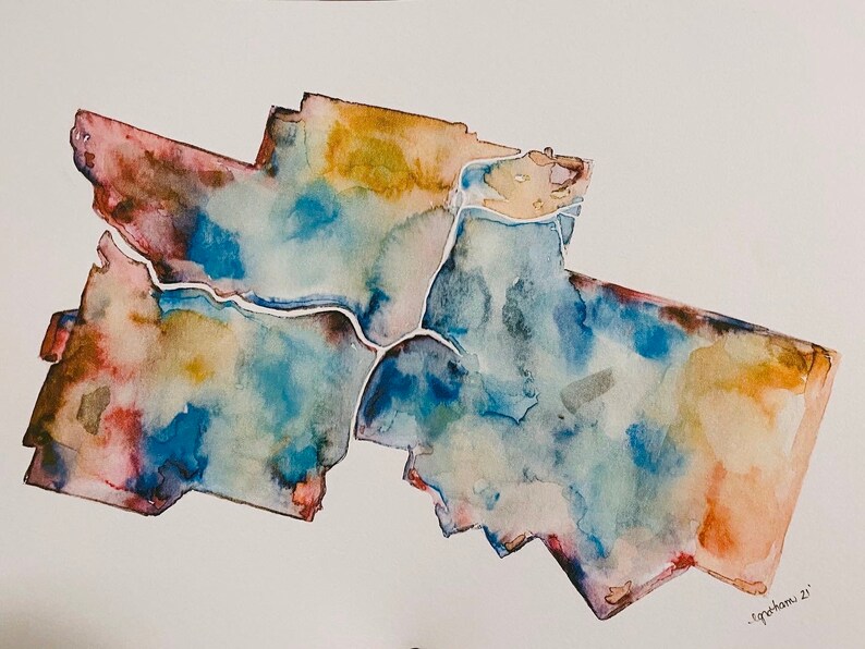 K&ouml;nnte beinhalten: Aquarellmalerei einer Karte mit blauen, gr&uuml;nen, gelben, orangen und rosafarbenen Farbt&ouml;nen. Die Karte ist in Abschnitte mit wei&szlig;en Linien unterteilt. Die Unterschrift des K&uuml;nstlers befindet sich in der rechten unteren Ecke.