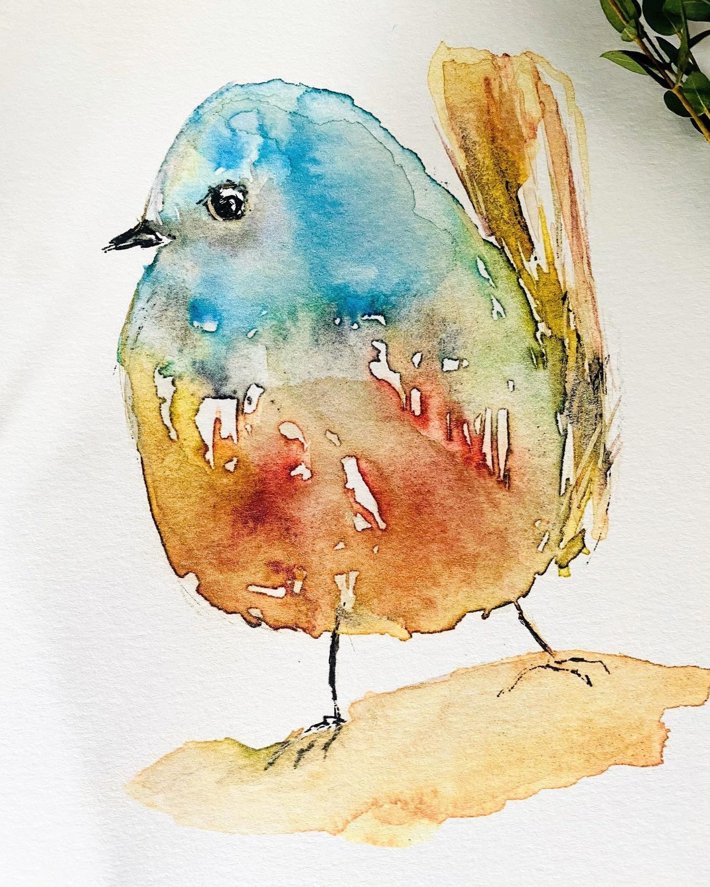 青とオレンジの丸い鳥の水彩画プリント、かわいい鳥の絵、一羽の鳥の