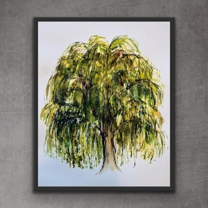 Wispy Willow Tree Watercolour Print, Willow Tree Illustrated Wall Art, Weeping Willow Tree Watercolor Design