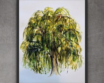 Wispy Willow Tree Watercolour Print, Willow Tree Illustrated Wall Art, Weeping Willow Tree Watercolor Design