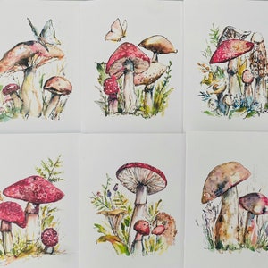 6 Watercolour Mushroom Whimsical Folded Greeting Cards, Mushroom Illustrated Stationary Art, Watercolor Mushrooms and Critters Cards