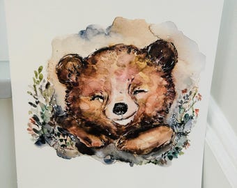 眠そうな水彩画のテディベアプリント、水彩画のかわいいクマの子供部屋