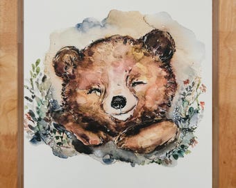 眠そうな水彩画のテディベアプリント、水彩画のかわいいクマの子供部屋