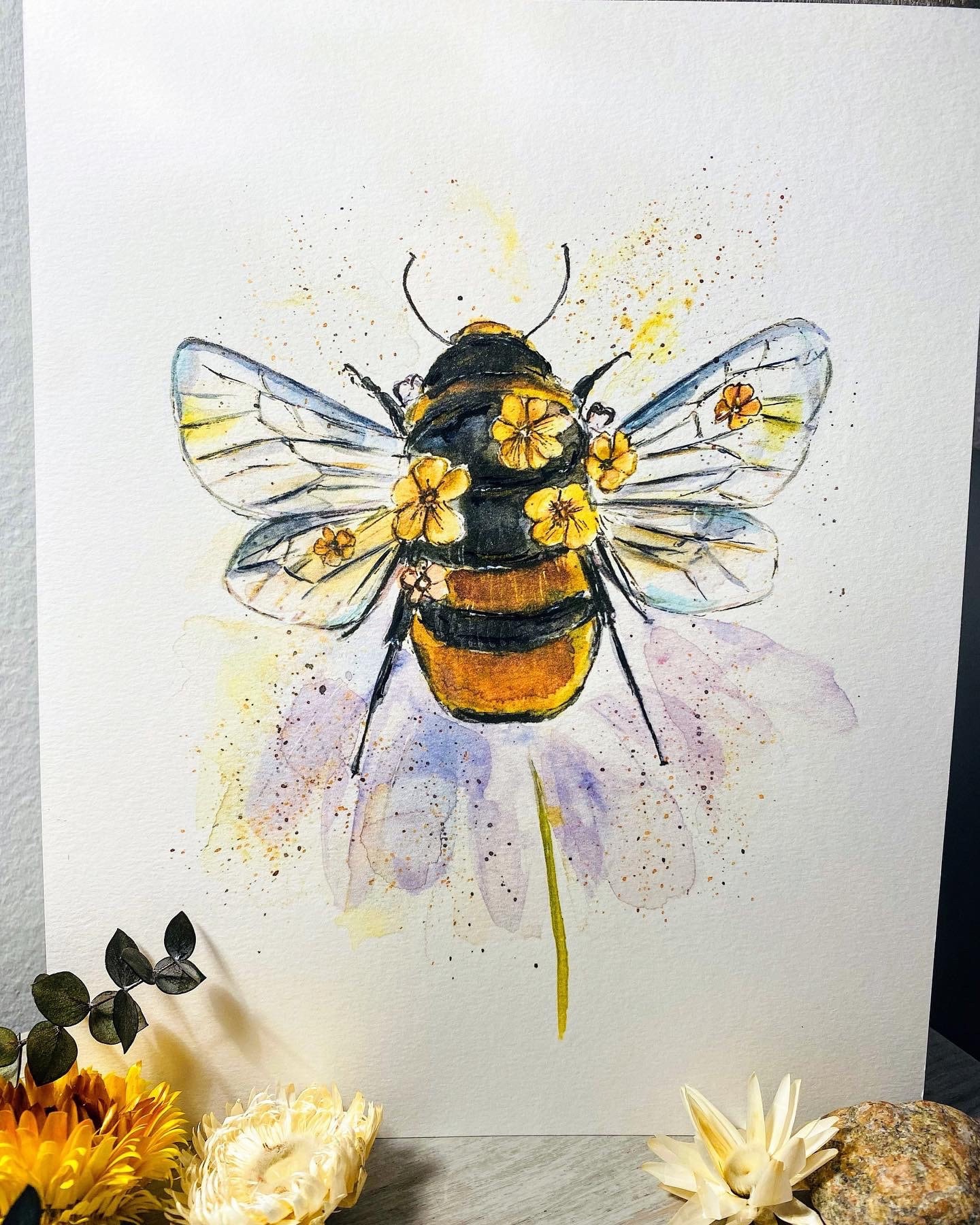 マルハナバチの水彩画、マルハナバチの花のデザインのウォールアート