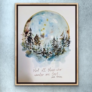 Not All Who Wander Are Lost Watercolour Earth Moon Print, Watercolour JRR Tolkien Tree Quote Print, Moon and Trees Wanderer Art Print