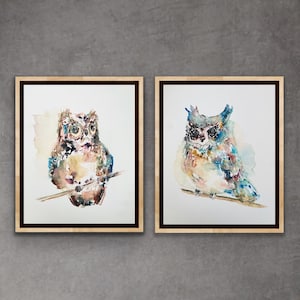 Schattige grillige aquarel uil duo, twee kleurrijke speelse uilen, aquarel uilafdrukken, abstracte uil set prints