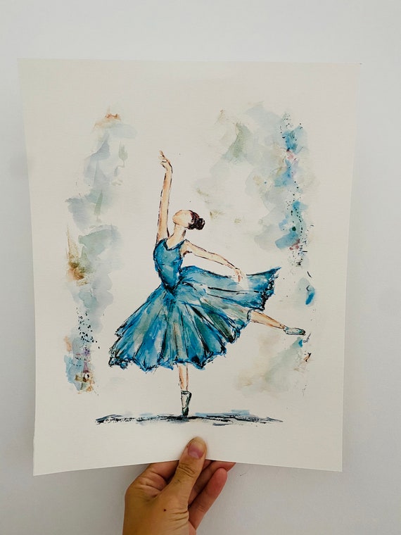 踊るバレリーナのブルードレスプリント、バレリーナの水彩画