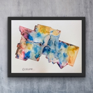 K&ouml;nnte beinhalten: Aquarellmalerei der Stadt Guelph, Ontario, Kanada. Die Karte ist in Blaut&ouml;nen, Gelb, Rosa und Lila gemalt. Das Wort "GUELPH" steht in Schwarz am unteren Rand des Bildes.