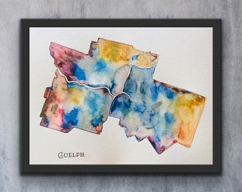 Watercolour Map Guelph Ontario Print, Rainbow Abstract Illustration Guelph, Outline of City Of Guelph