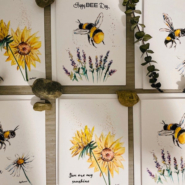 Assorted Bee Watercolour Cards, Sunflower Cards, Happy Bee Day Card, Your Are My Sunshine, 6 Watercolour Printed Cards, Thinking of You Card