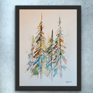 Abstract Earth Tones Forest Watercolour Print, Colourful Tree Painting, Tall Tree Art