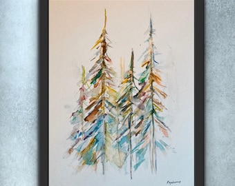 Abstract Earth Tones Forest Watercolour Print, Colourful Tree Painting, Tall Tree Art