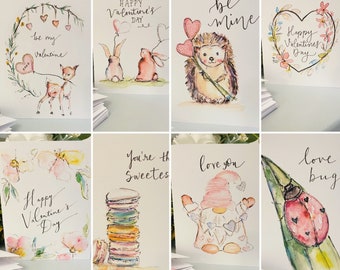 Pack of 8 Watercolour Valentines Cards, 2023 Valentines Day Cards Artwork, Fun And Pretty Valentines Day Greeting Card Bundle