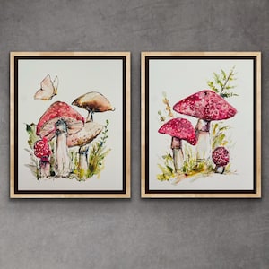 Watercolour Red And White Mushroom Set Of Prints, Mushrooms And Butterflies Watercolor Art Set, Cute Mushroom Prints, Mushroom Design